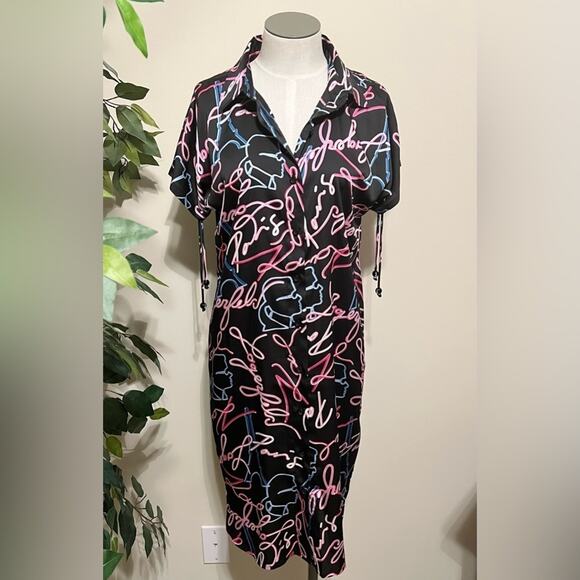 NWT Karl Lagerfeld Dressy Silky Neon Lights Button Down Shirt Dress Size 2 - Picture 2 of 9